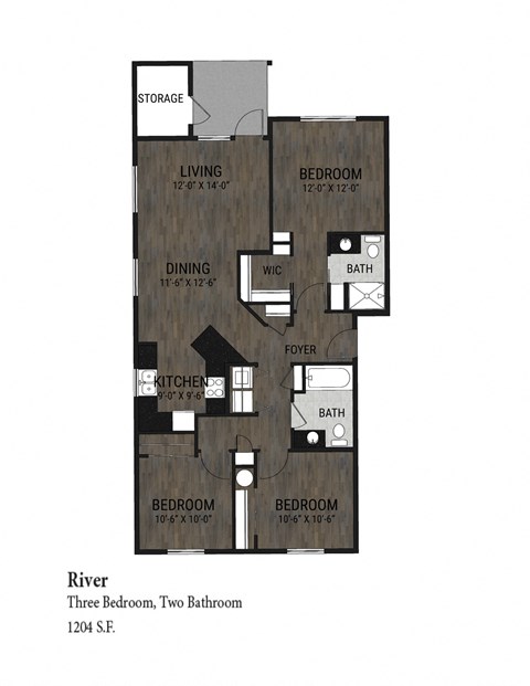 Floor plan for 3 beds, 2 baths, 1190 sqft